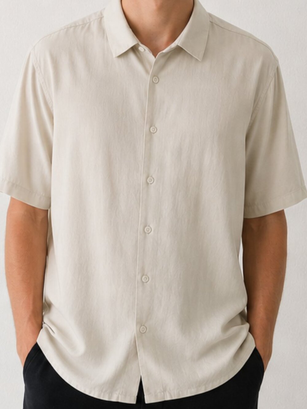 Common Market Men’s Beige Short Sleeve Button Up Shirt Size Large Minimalist NEW